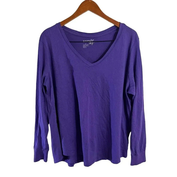 Terra & Sky Purple Long Sleeve T Shirt 1X Plus Size V Neck Top Plain Basic - Picture 1 of 3